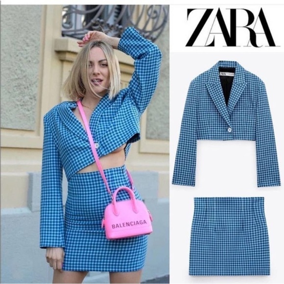 ZARA BLAZER CHECKED CROPPED LAPEL COLLAR & SKIRT - Picture 3 of 16